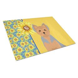 WDK5506LCB 15 x 12 in. Summer Sunflowers Blue & Tan Puppy Cut Yorkshire Terrier Glass Large Cutting Board