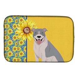 Picture of Carolines Treasures WDK5316DDM 21 x 14 in. Summer Sunflowers Blue & White Pit Bull Terrier Dish Drying Mat