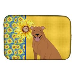 Picture of Carolines Treasures WDK5321DDM 21 x 14 in. Summer Sunflowers Red Pit Bull Terrier Dish Drying Mat