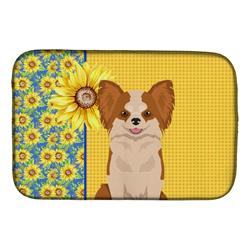 Picture of Carolines Treasures WDK5353DDM 21 x 14 in. Summer Sunflowers Longhaired Red & White Chihuahua Dish Drying Mat