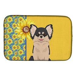 Picture of Carolines Treasures WDK5354DDM 21 x 14 in. Summer Sunflowers Longhaired Black & White Chihuahua Dish Drying Mat