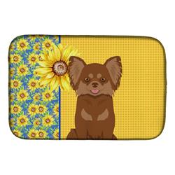 Picture of Carolines Treasures WDK5355DDM 21 x 14 in. Summer Sunflowers Longhaired Chocolate & Tan Chihuahua Dish Drying Mat