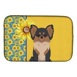 Picture of Carolines Treasures WDK5356DDM 21 x 14 in. Summer Sunflowers Longhaired Black & Tan Chihuahua Dish Drying Mat