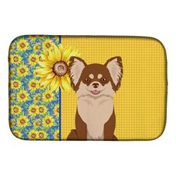 Picture of Carolines Treasures WDK5357DDM 21 x 14 in. Summer Sunflowers Longhaired Chocolate & White Chihuahua Dish Drying Mat
