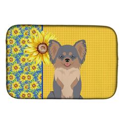 Picture of Carolines Treasures WDK5358DDM 21 x 14 in. Summer Sunflowers Longhaired Blue & Tan Chihuahua Dish Drying Mat