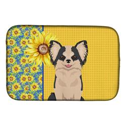 Picture of Carolines Treasures WDK5362DDM 21 x 14 in. Summer Sunflowers Longhaired Black & White No.2 Chihuahua Dish Drying Mat