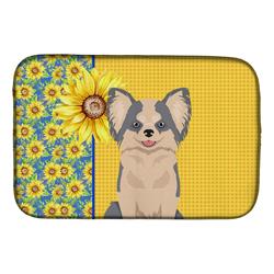 Picture of Carolines Treasures WDK5364DDM 21 x 14 in. Summer Sunflowers Longhaired Blue & White Chihuahua Dish Drying Mat