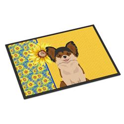 WDK5365MAT 18 x 27 in. Summer Sunflowers Longhaired Black & Red Chihuahua Indoor or Outdoor Mat