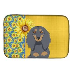 Picture of Carolines Treasures WDK5391DDM 21 x 14 in. Summer Sunflowers Longhair Blue & Tan Dachshund Dish Drying Mat