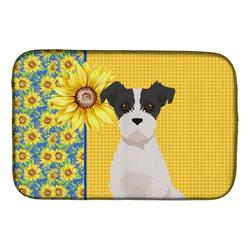 Picture of Carolines Treasures WDK5433DDM 21 x 14 in. Summer Sunflowers Black White Wirehair Jack Russell Terrier Dish Drying Mat