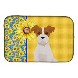 Picture of Carolines Treasures WDK5435DDM 21 x 14 in. Summer Sunflowers Brown White Wirehair Jack Russell Terrier Dish Drying Mat