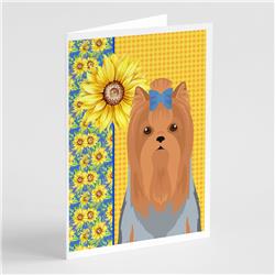 5 x 7 in. Summer Sunflowers Blue & Tan Full Coat Yorkshire Terrier Greeting Cards & Envelopes, Pack of 8