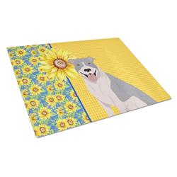 WDK5316LCB 15 x 12 in. Summer Sunflowers Blue & White Pit Bull Terrier Glass Large Cutting Board