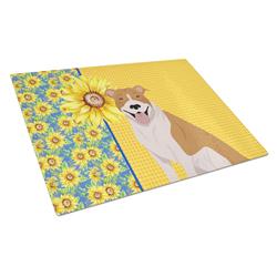 WDK5322LCB 15 x 12 in. Summer Sunflowers Red & White Pit Bull Terrier Glass Large Cutting Board