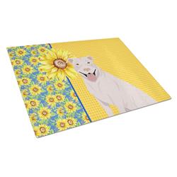 WDK5323LCB 15 x 12 in. Summer Sunflowers White Pit Bull Terrier Glass Large Cutting Board