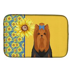 Picture of Carolines Treasures WDK5503DDM 21 x 14 in. Summer Sunflowers Black & Tan Full Coat Yorkshire Terrier Dish Drying Mat