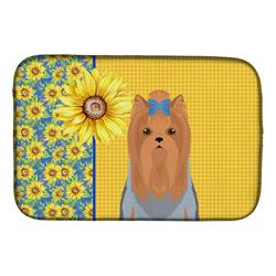 Picture of Carolines Treasures WDK5505DDM 21 x 14 in. Summer Sunflowers Blue & Tan Full Coat Yorkshire Terrier Dish Drying Mat