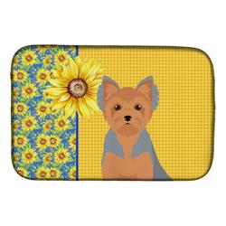 Picture of Carolines Treasures WDK5506DDM 21 x 14 in. Summer Sunflowers Blue & Tan Puppy Cut Yorkshire Terrier Dish Drying Mat