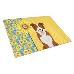 WDK5331LCB 15 x 12 in. Summer Sunflowers Red & White Border Collie Glass Large Cutting Board