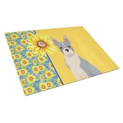 WDK5336LCB 15 x 12 in. Summer Sunflowers Blue Boston Terrier Glass Large Cutting Board