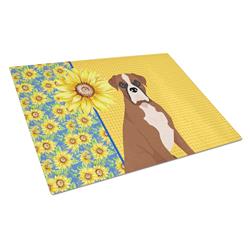 WDK5339LCB 15 x 12 in. Summer Sunflowers Natural Eared Red Fawn Boxer Glass Large Cutting Board