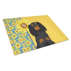 WDK5348LCB 15 x 12 in. Summer Sunflowers Black & Tan Cavalier Spaniel Glass Large Cutting Board