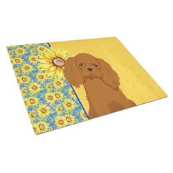 15 x 12 in. Summer Sunflowers Ruby Cavalier Spaniel Glass Large Cutting Board