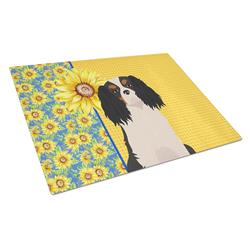 WDK5351LCB 15 x 12 in. Summer Sunflowers Tricolor Cavalier Spaniel Glass Large Cutting Board