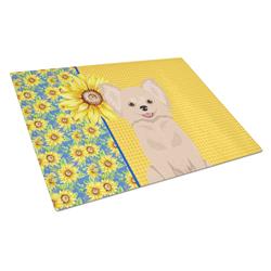 WDK5352LCB 15 x 12 in. Summer Sunflowers Longhaired Cream Chihuahua Glass Large Cutting Board