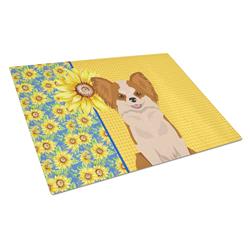WDK5353LCB 15 x 12 in. Summer Sunflowers Longhaired Red & White Chihuahua Glass Large Cutting Board