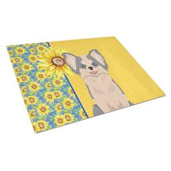 WDK5364LCB 15 x 12 in. Summer Sunflowers Longhaired Blue & White Chihuahua Glass Large Cutting Board