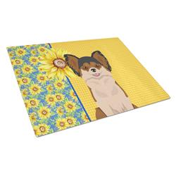 WDK5365LCB 15 x 12 in. Summer Sunflowers Longhaired Black & Red Chihuahua Glass Large Cutting Board