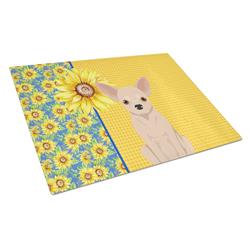 WDK5367LCB 15 x 12 in. Summer Sunflowers Fawn Chihuahua Glass Large Cutting Board