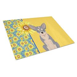 WDK5368LCB 15 x 12 in. Summer Sunflowers Blue & White Chihuahua Glass Large Cutting Board