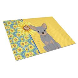WDK5370LCB 15 x 12 in. Summer Sunflowers Blue & Tan Chihuahua Glass Large Cutting Board