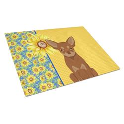 WDK5371LCB 15 x 12 in. Summer Sunflowers Chocolate & Tan Chihuahua Glass Large Cutting Board