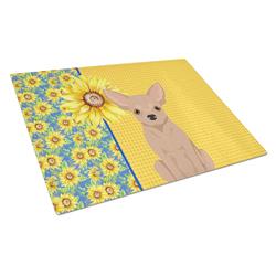 WDK5375LCB 15 x 12 in. Summer Sunflowers Cream Chihuahua Glass Large Cutting Board