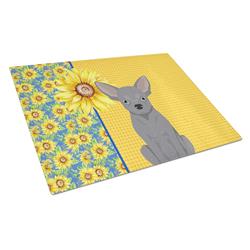 WDK5378LCB 15 x 12 in. Summer Sunflowers Blue Chihuahua Glass Large Cutting Board