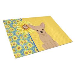 WDK5379LCB 15 x 12 in. Summer Sunflowers Gold Chihuahua Glass Large Cutting Board