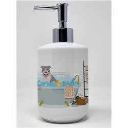 7.25 x 3.5 in. Blue & White Pit Bull Terrier Ceramic Soap Dispenser