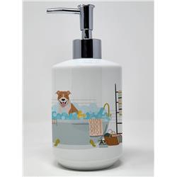 7.25 x 3.5 in. Red & White Pit Bull Terrier Ceramic Soap Dispenser