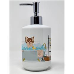 7.25 x 3.5 in. Longhaired Chocolate & White Chihuahua Ceramic Soap Dispenser