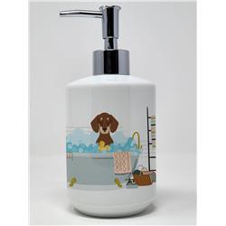 7.25 x 3.5 in. Chocolate & Cream Dachshund Ceramic Soap Dispenser