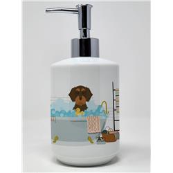 7.25 x 3.5 in. Wirehair Chocolate & Tan Dachshund Ceramic Soap Dispenser