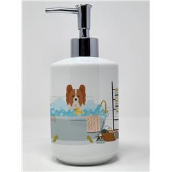 7.25 x 3.5 in. Red & White Papillon Ceramic Soap Dispenser