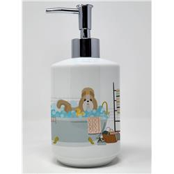 7.25 x 3.5 in. Gold & White Shih Tzu Ceramic Soap Dispenser