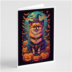 DAC1523GCA7P 5 x 7 in. Pomeranian Witchy Halloween Greeting Cards & Envelopes - Pack of 8