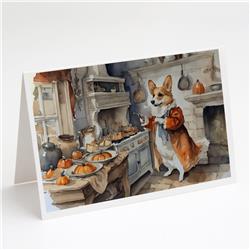 DAC1767GCA7P 5 x 7 in. Corgi Fall Kitchen Pumpkins Greeting Cards & Envelopes - Pack of 8