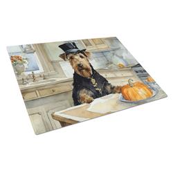 DAC1722LCB 15 x 12 in. Unisex Airedale Terrier Fall Kitchen Pumpkins Glass Cutting Board - Large