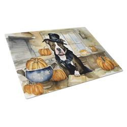DAC1727LCB 15 x 12 in. Unisex Pit Bull Terrier Fall Kitchen Pumpkins Glass Cutting Board - Large